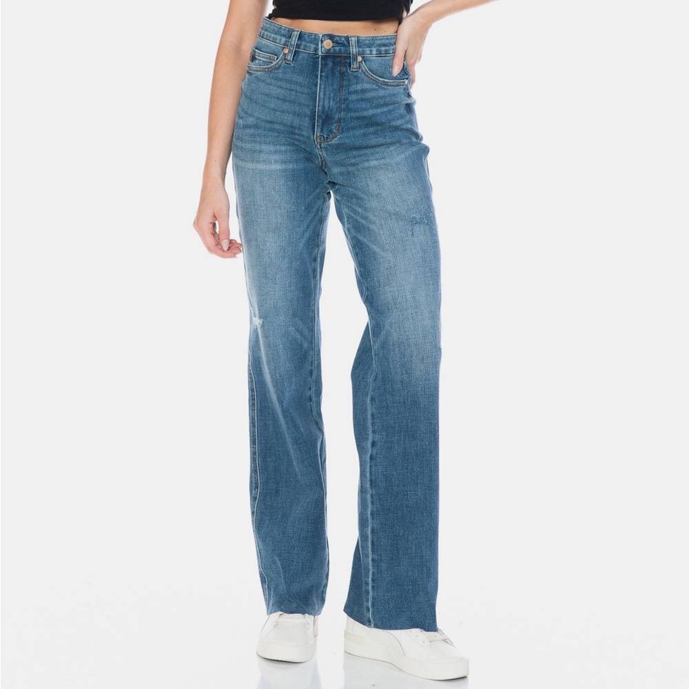 NWT Judy Blue PLUS + REG Size Tummy Control Raw Hem 90s Straight Leg Jeans